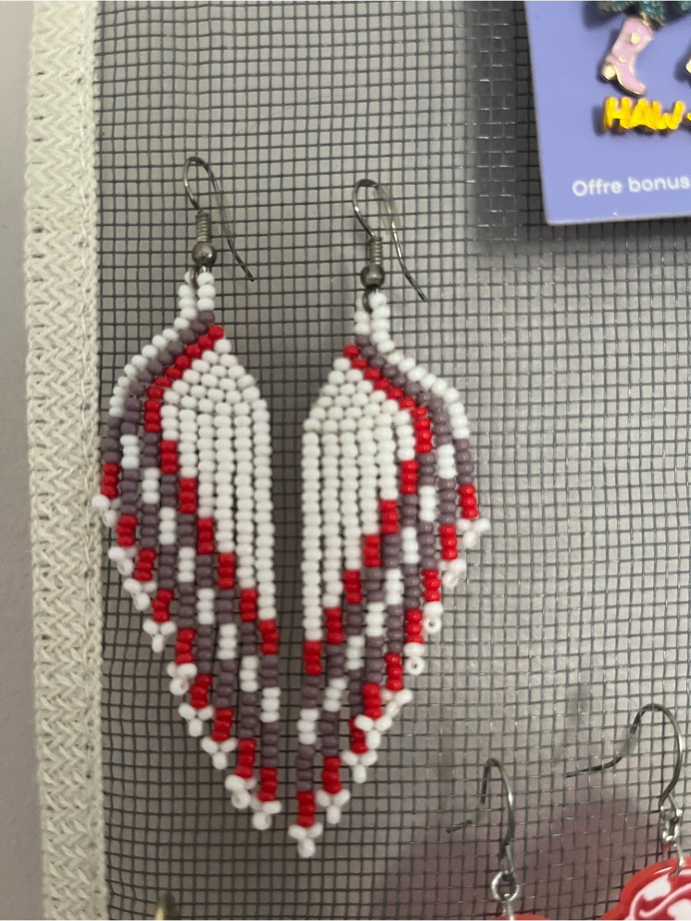 Handmade White and Red Beaded Wing Earrings